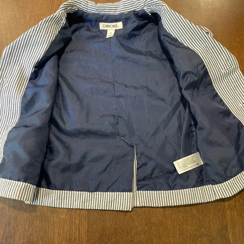 Cherokee Striped Seersucker Blazer Boys Size 3T Blue‎ White Notch Lapel Cotton